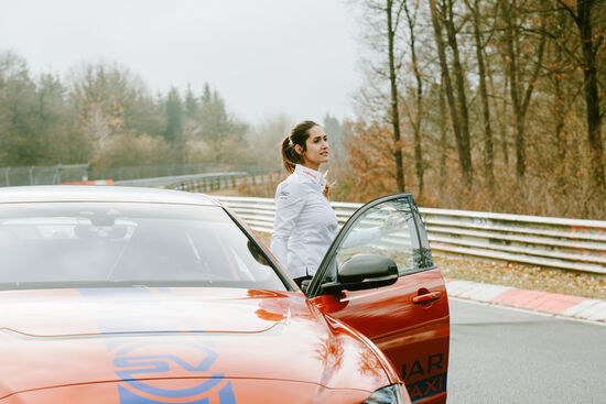 Interview with racing driver Célia Martin Célia Martin gets into the Jaguar RACE Taxi at the Nürburgring