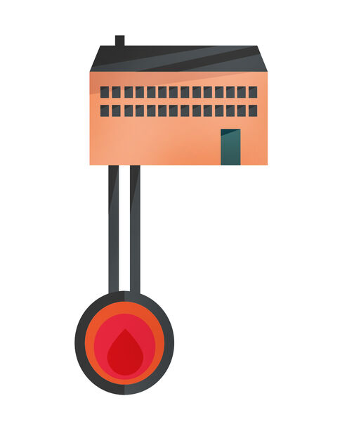 Geothermal energy: renewable energies in Munich Illustration of a geothermal plant: House with two pipes in the ground