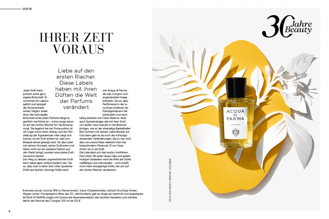 LUDWIG BECK Beauty: Duft-Fotoshooting mit Beauty-Produkten für die Frühjahr/Sommerausgabe 2020 Screenshot of a double page from the LUDWIG BECK beauty magazine spring/summer 2020