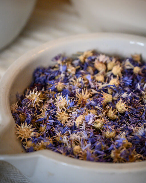 Bavarian monasteries through the ages: Natural cosmetics from Wessobrunn Monastery Close-up of dried blue flowers in white apothecary bowl