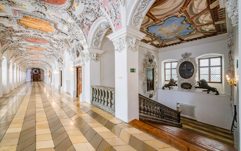 Bavarian monasteries in the course of time: Insights into Wessobrunn Monastery Interior view of an ornate staircase in the monastery Wessobrunn