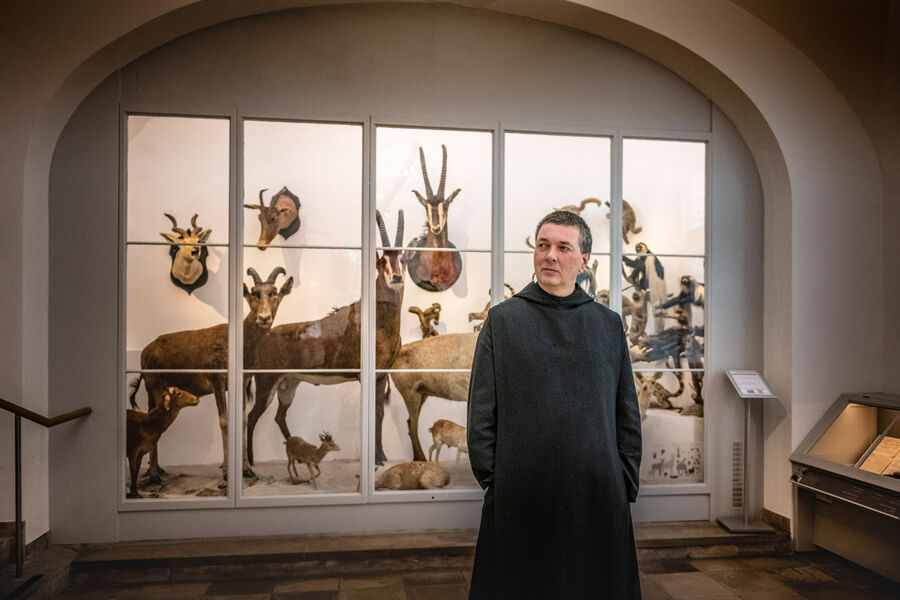 Bavarian monasteries through the ages: insights into the Archabbey of St. Ottilien Monk of the Archabbey of Saint Ottilien stands in front of a showcase with stuffed mountain animals