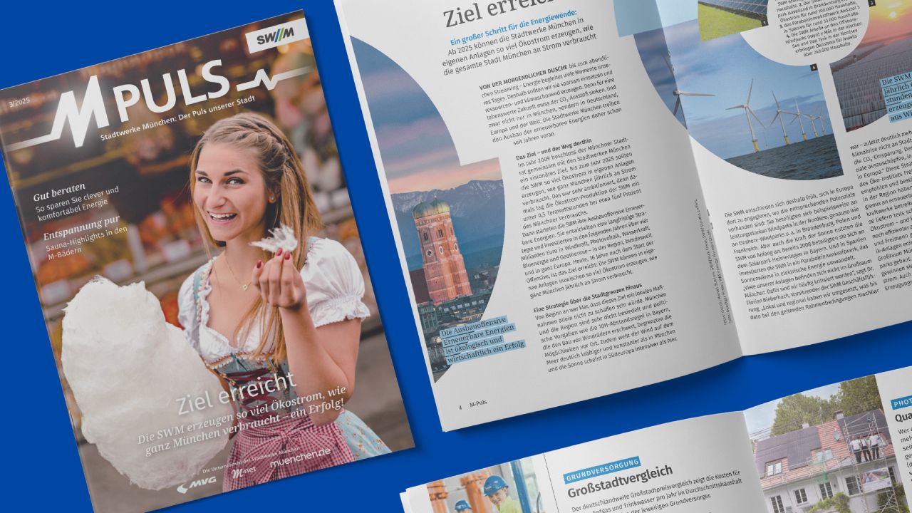 Cover of SWM M-PULS magazine featuring a smiling woman in traditional dress holding cotton candy, and an open double-page spread on the topic of the energy transition in Munich