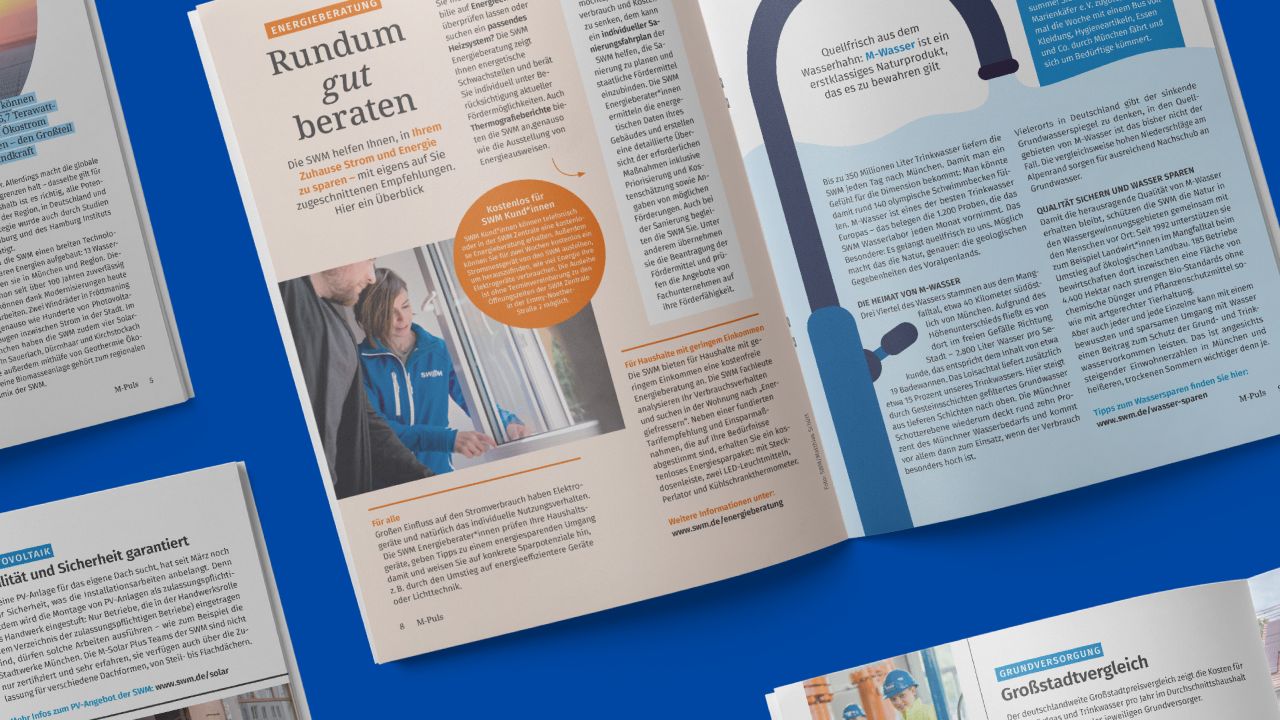 Spread from M-PULS magazine featuring the articles “Rundum gut beraten” (Comprehensive advice) on energy consulting and “Quellfrisch” (Fresh from the source) on Munich's water supply.