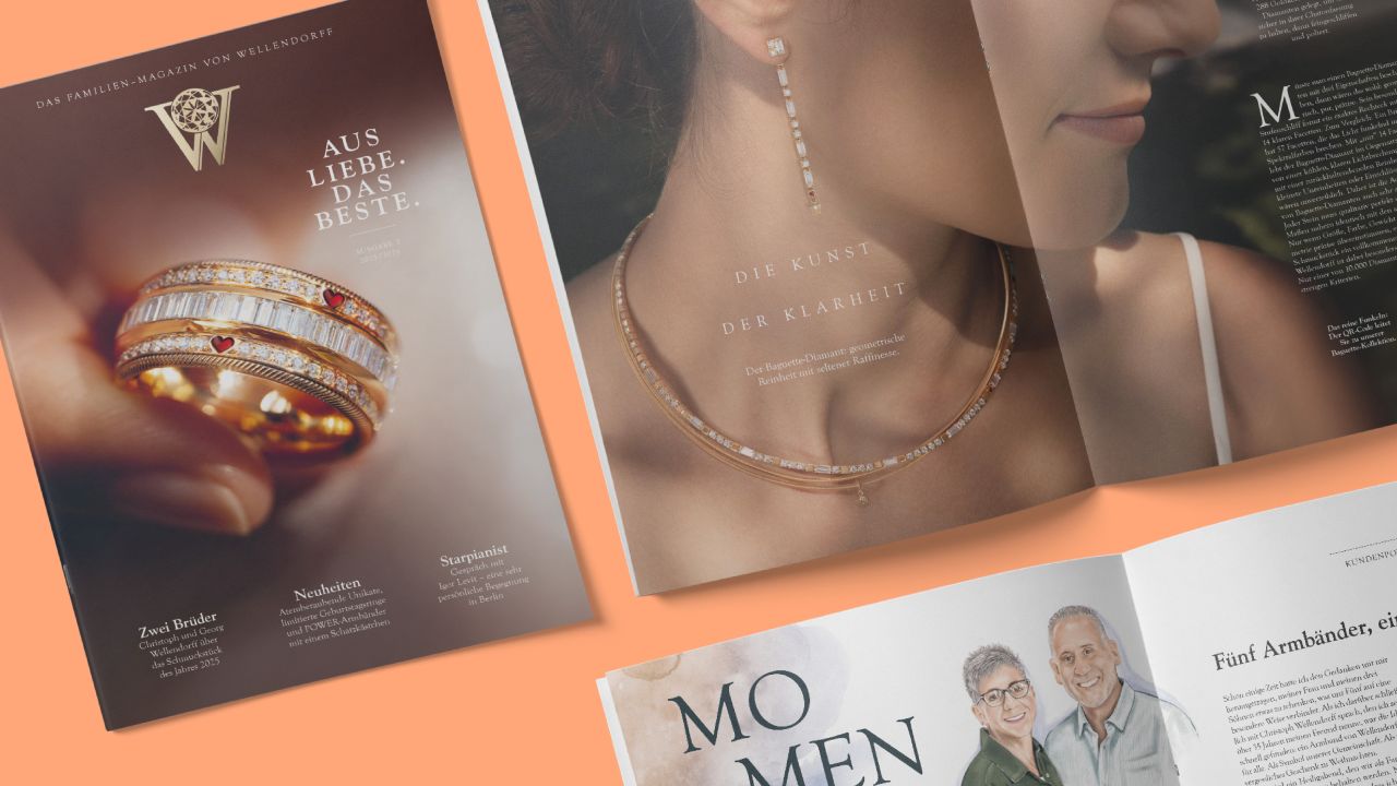 Cover of the Wellendorff family magazine 2025 with the headline “For love. The best.” and a detailed gold ring, next to which lies an open magazine page.