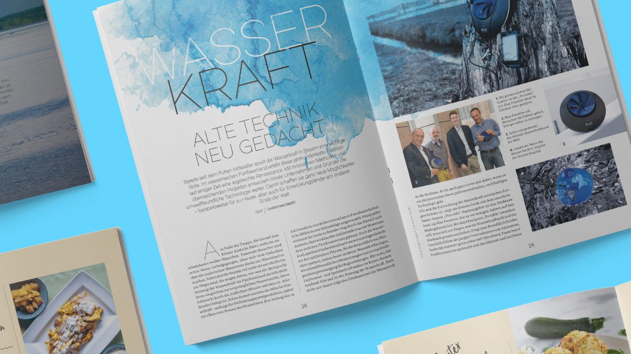 Geöffnete Doppelseite des SeeMagazins, die Artikel zum Thema "Wasserkraft" mit dazu passenden Fotos zeigt.