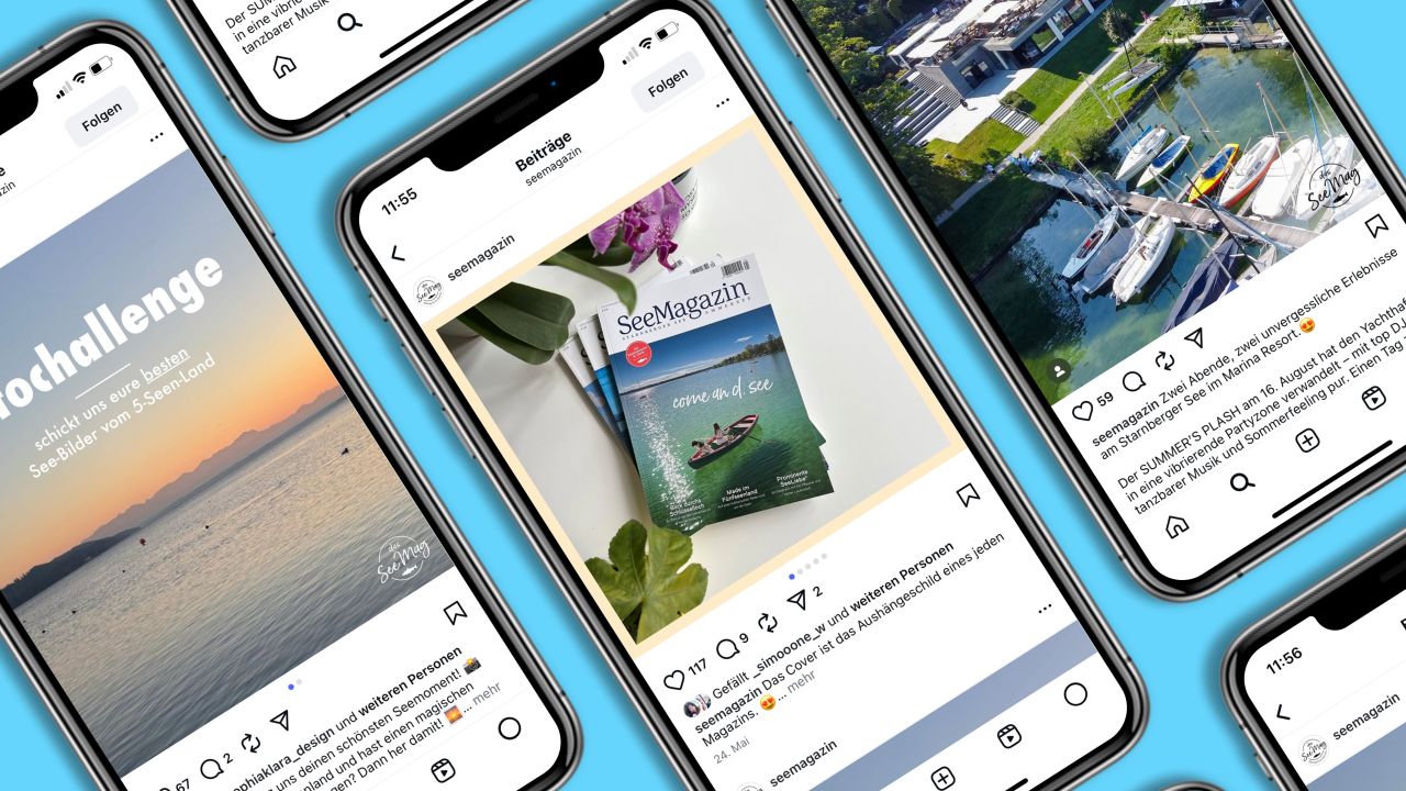 Mehrere Smartphones zeigen auf ihren Bildschirmen Posts aus dem Instagram-Feed des SeeMagazins