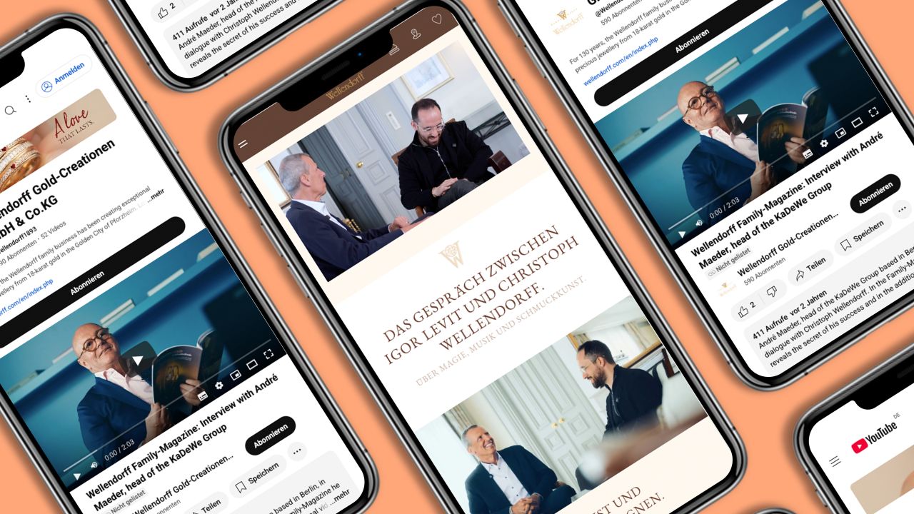 Multiple smartphones displaying the digital version of the Wellendorff Family Magazine with an embedded video interview featuring Igor Levit and Christoph Wellendorff.