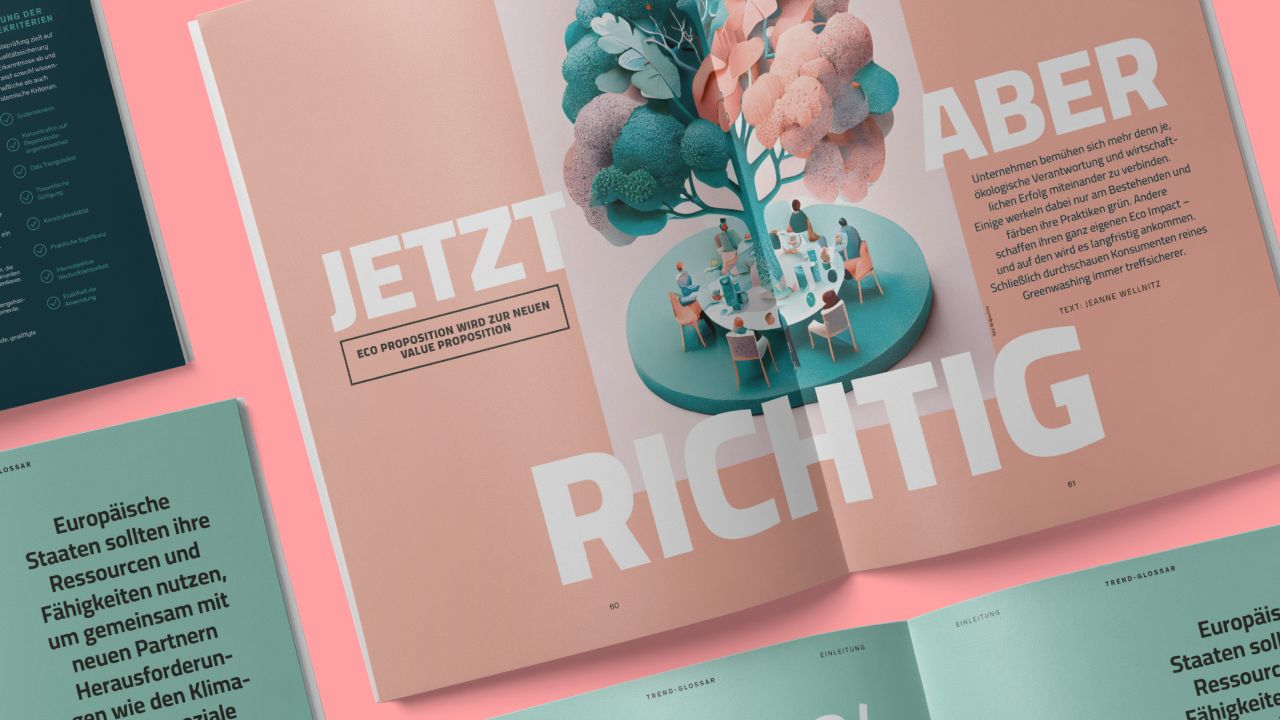 Spread double page from the megatrend study Globalization by the Zukunftsinstitut (Future Institute) with an illustration of people sitting around a stylized tree.