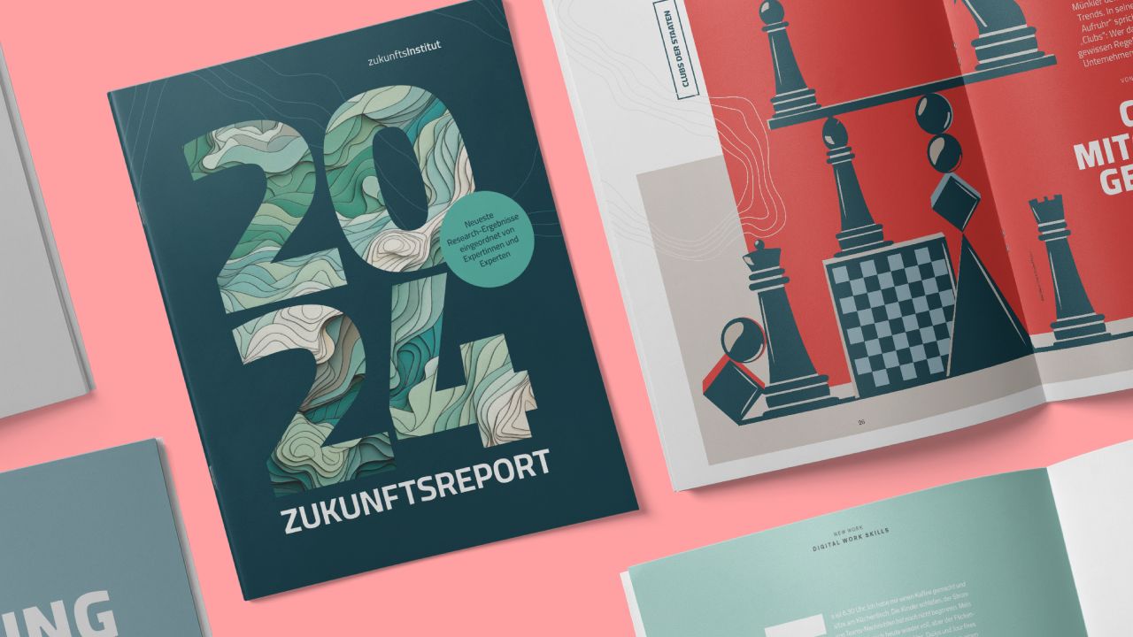 Cover of the “Future Report 2024” by the Zukunftsinstitut (Future Institute) and an open page with illustrations of chess pieces