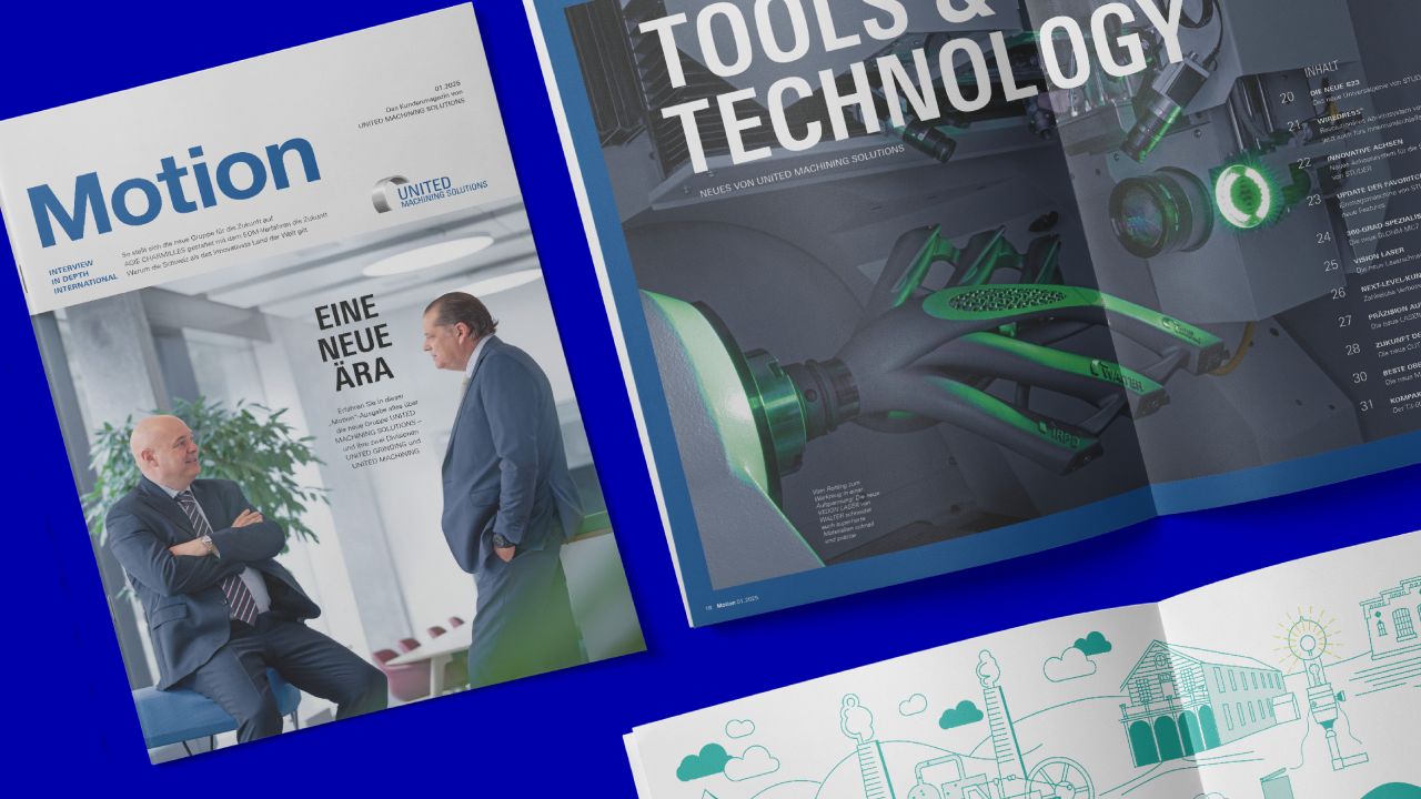 Cover of the customer magazine “Motion” with the title “A New Era” and an open page with the title “Tools & Technology”