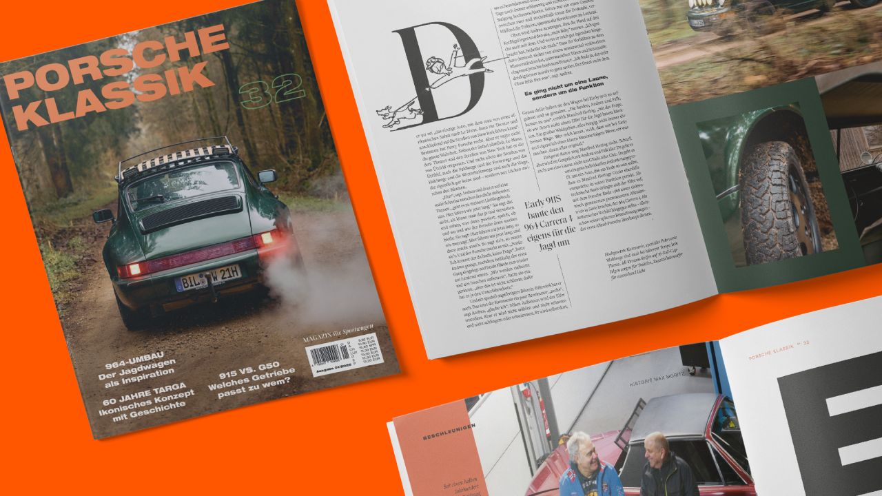 Cover of PORSCHE KLASSIK magazine (issue 32) and open article page with text and detailed photos on an orange background Cover of PORSCHE KLASSIK magazine (issue 32) and open article page with text and detailed photos on an orange background