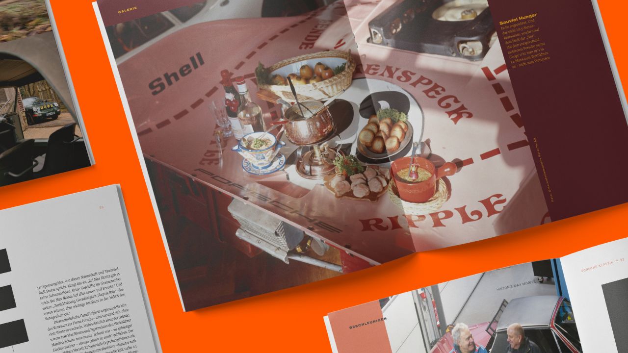 Two double pages of PORSCHE KLASSIK magazine on an orange background Two double pages of PORSCHE KLASSIK magazine on an orange background