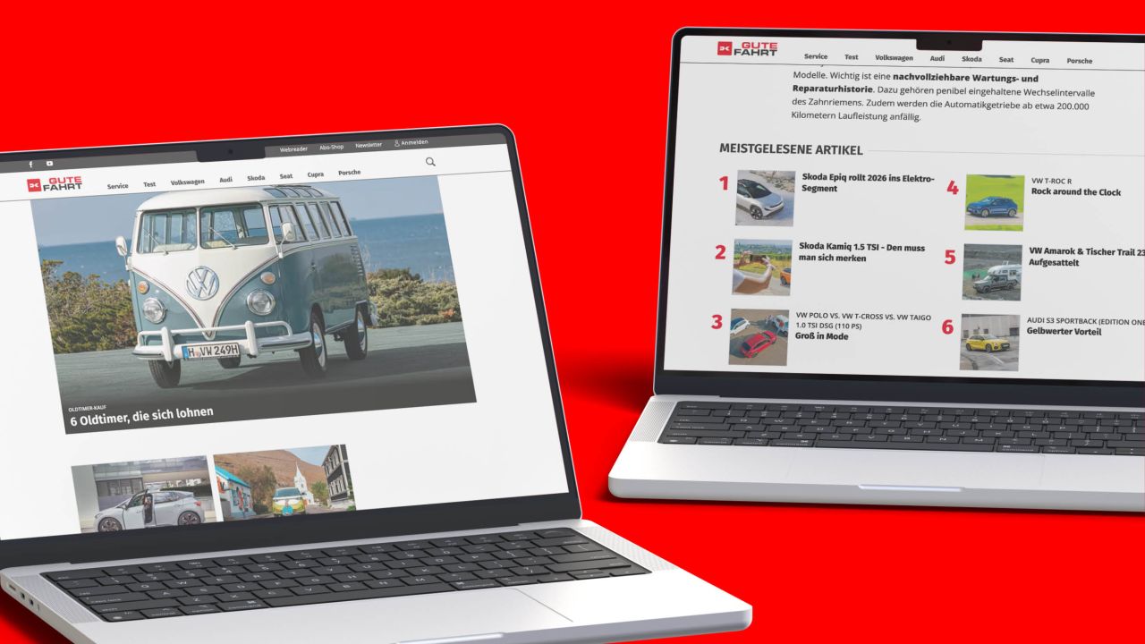 Two laptops on a red background, displaying different content pages of the GUTE FAHRT website
