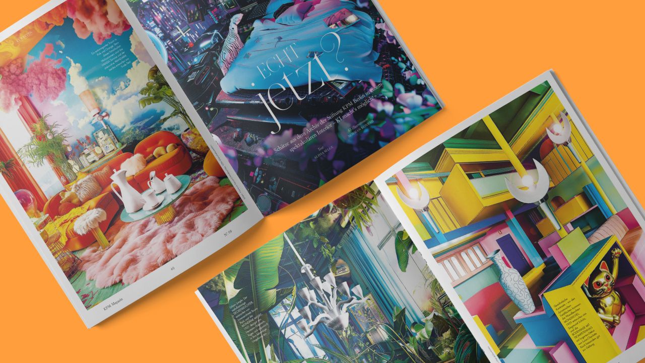 Zwei Doppelseiten mit KI-Illustrationen aus KPM Kundenmagazin WEISS Nr. 8