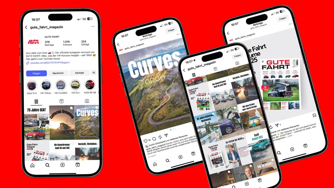 Four smartphones on a red background, showing different views of the @gute_fahrt_magazin Instagram channel.