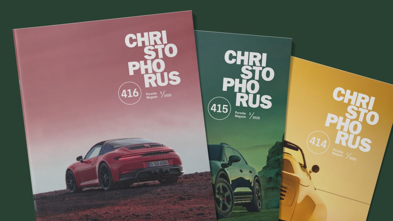 Three covers of “Christophorus – the Porsche Magazine” as print editions are displayed side by side.