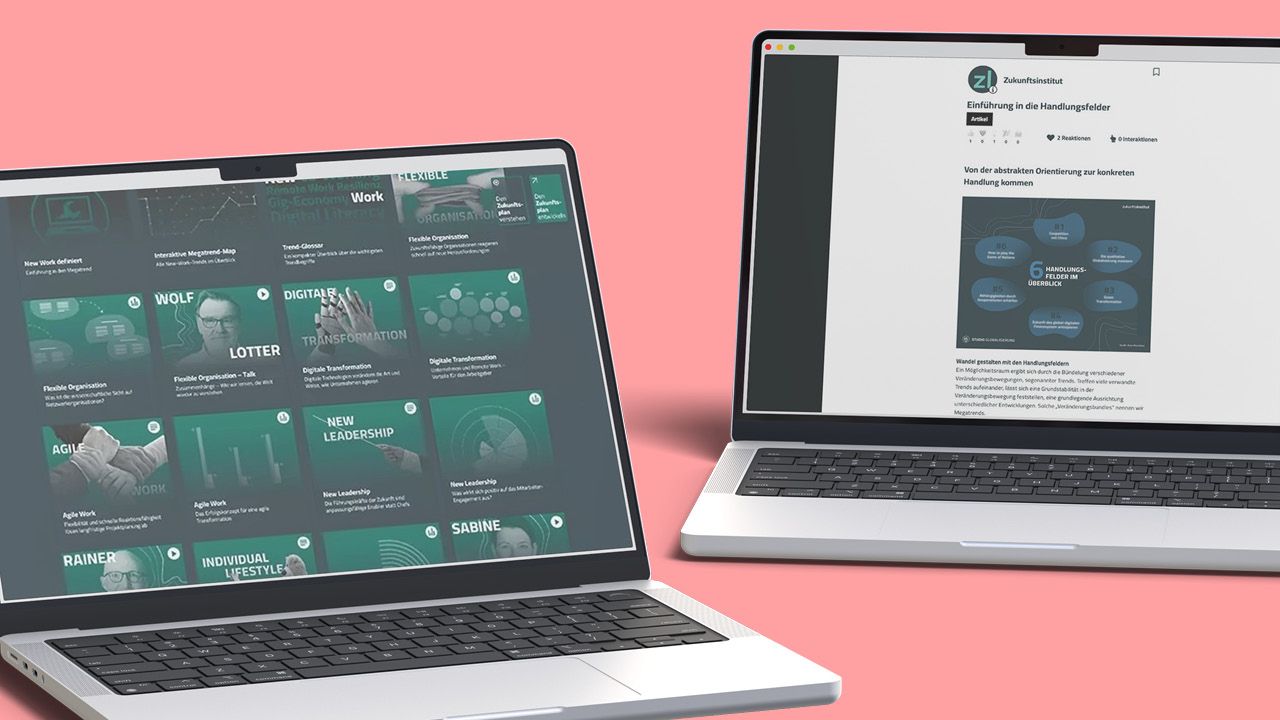Two laptops display websites about the digital working tools of the Zukunftsinstitut (Future Institute)