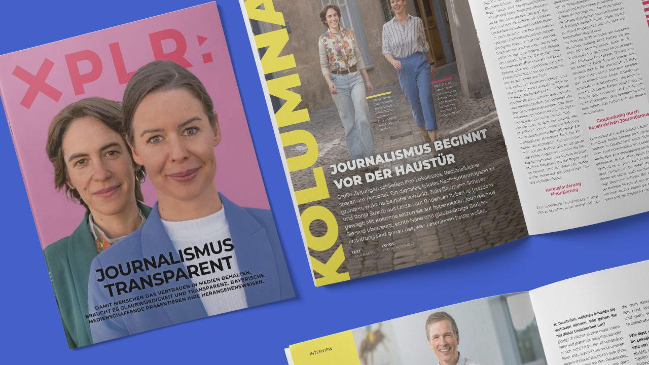Cover eines Magazin-Beilegers von XPLR: MEDIA in Bavaria mit Porträtfotos von zwei Frauen liegt neben einer Doppelseite mit bebildertem Artikel