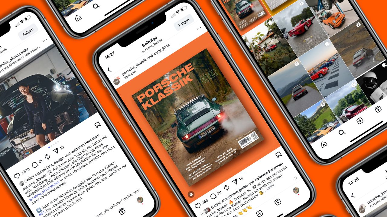 Several smartphones display the Instagram feed of PORSCHE KLASSIK magazine on an orange background Several smartphones display the Instagram feed of PORSCHE KLASSIK magazine on an orange background